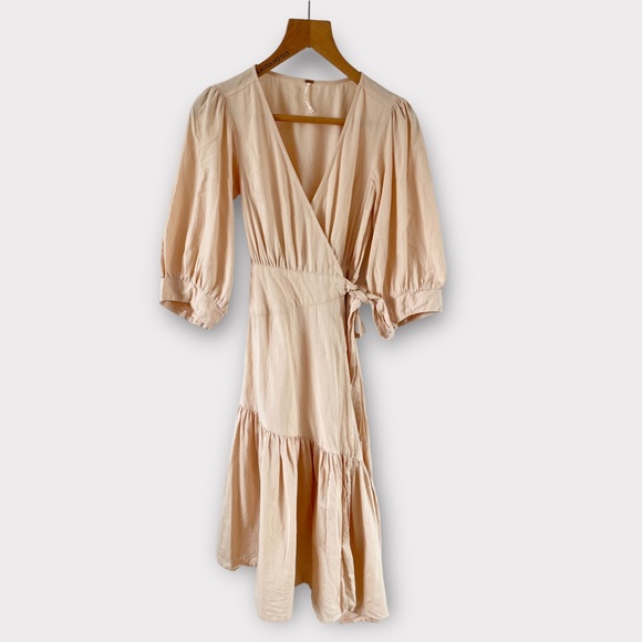 Free People Dresses & Skirts - Free People Don’t Mind If I Do Midi Dress Size XS Peach Wrap Cotton Linen Mix